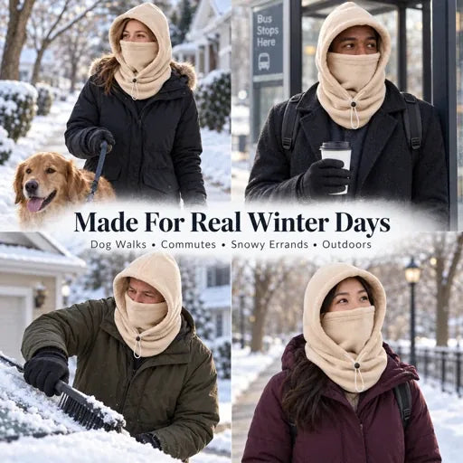 Winter scenes wearing the fleece hood for dog walks commutes errands and outdoors
