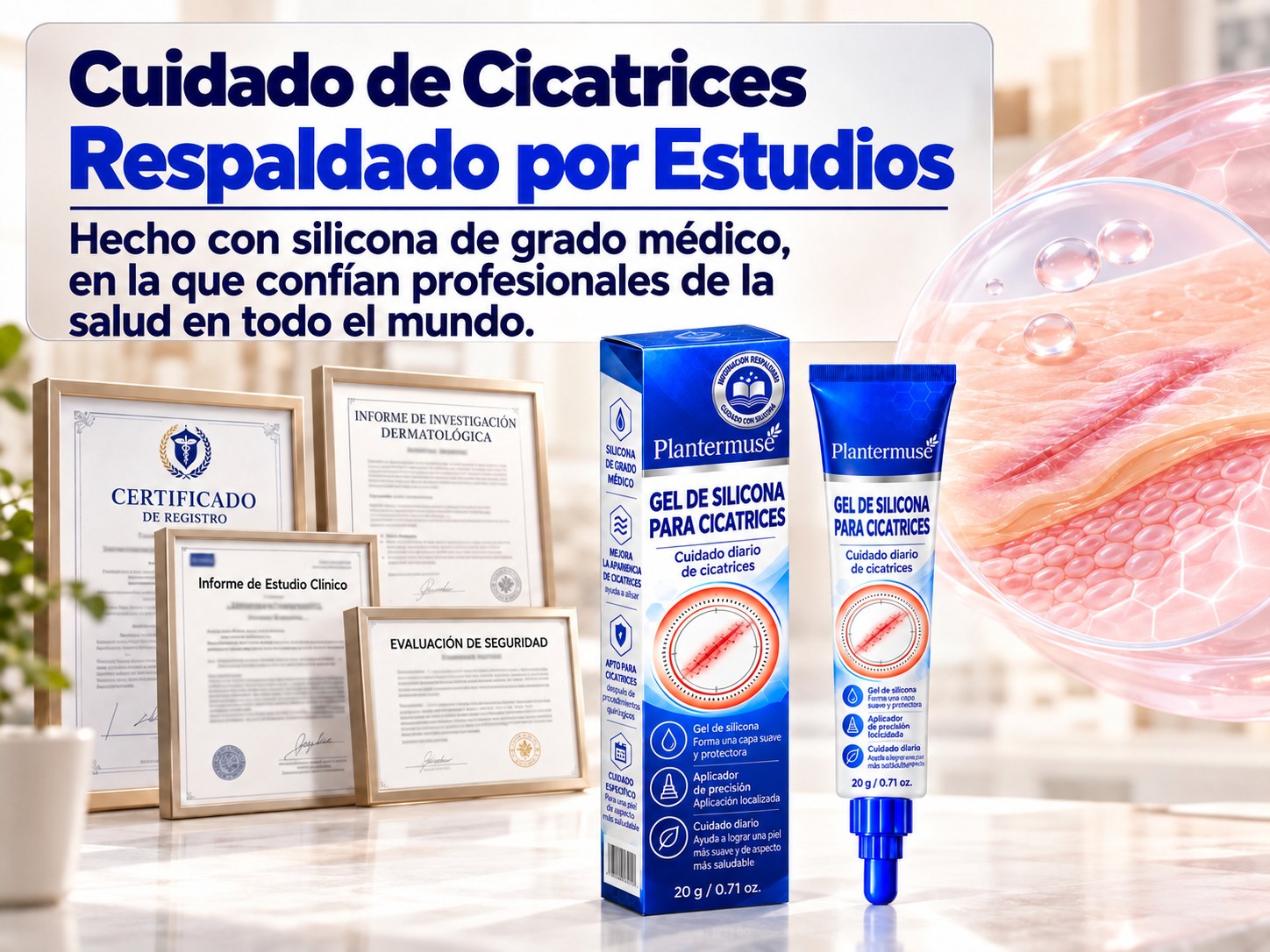 Empaque del gel de silicona presentado con imágenes de investigación, seguridad y documentación del producto