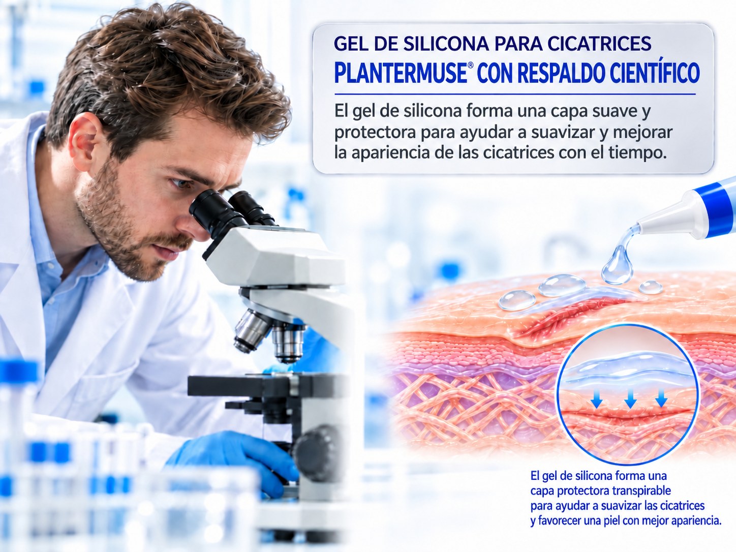 Desarrollo de gel de silicona para cicatrices basado en investigación e ilustración de la capa protectora