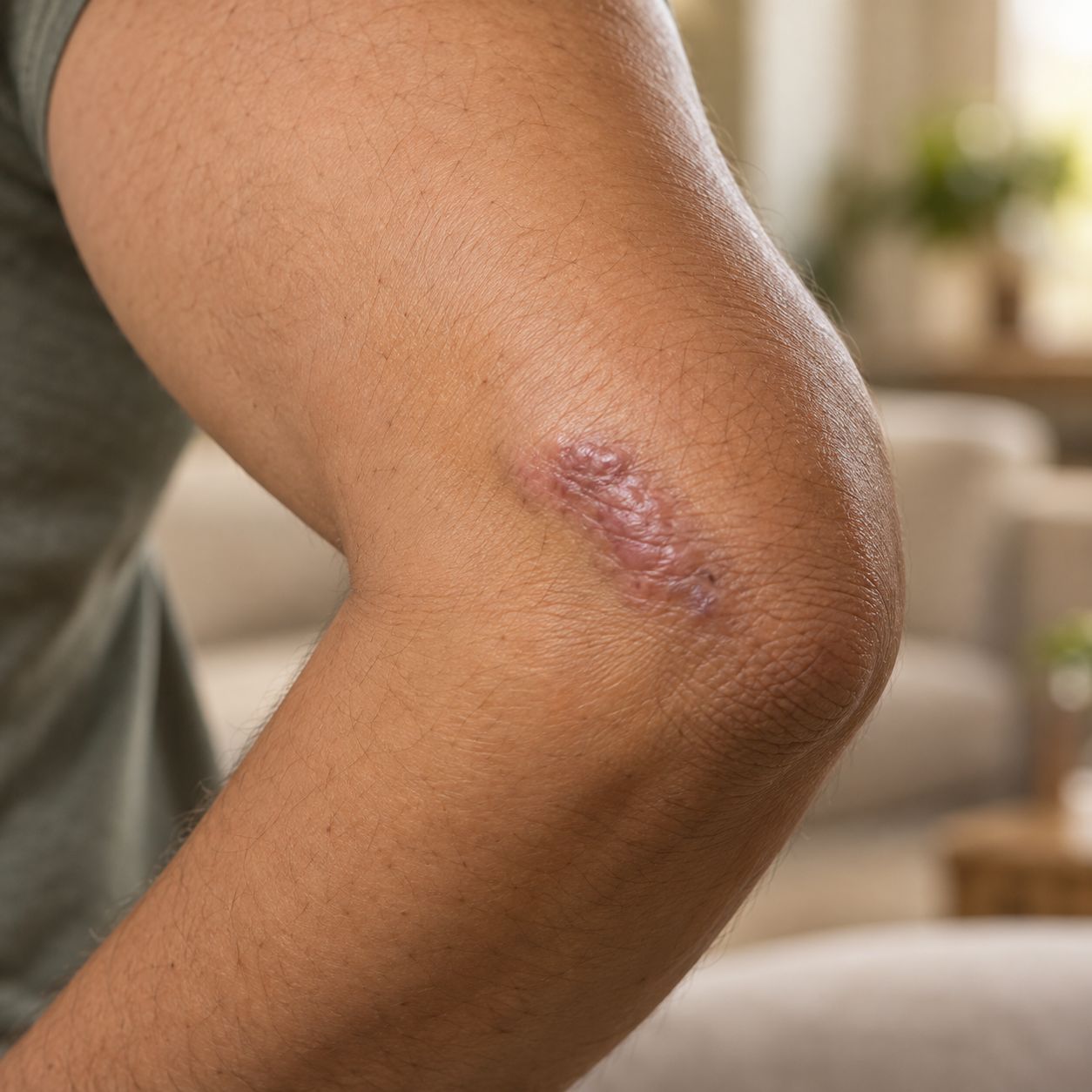 Raised elbow scar appearance before a documented care routine