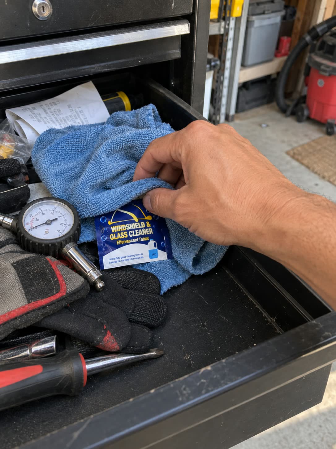 Customer storing a compact washer tablet in a garage tool drawer