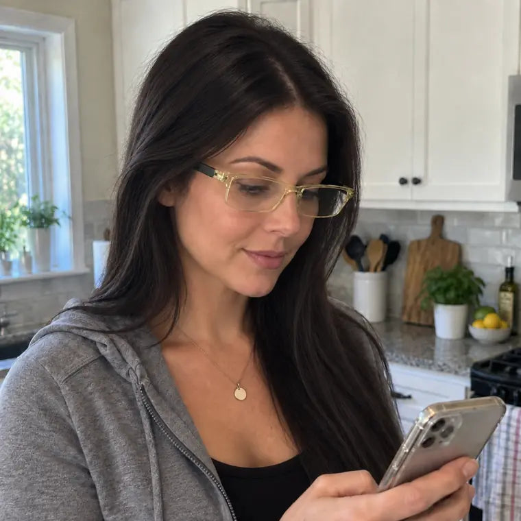 Customer wearing yellow clear frame reading glasses while checking her phone in the kitchen