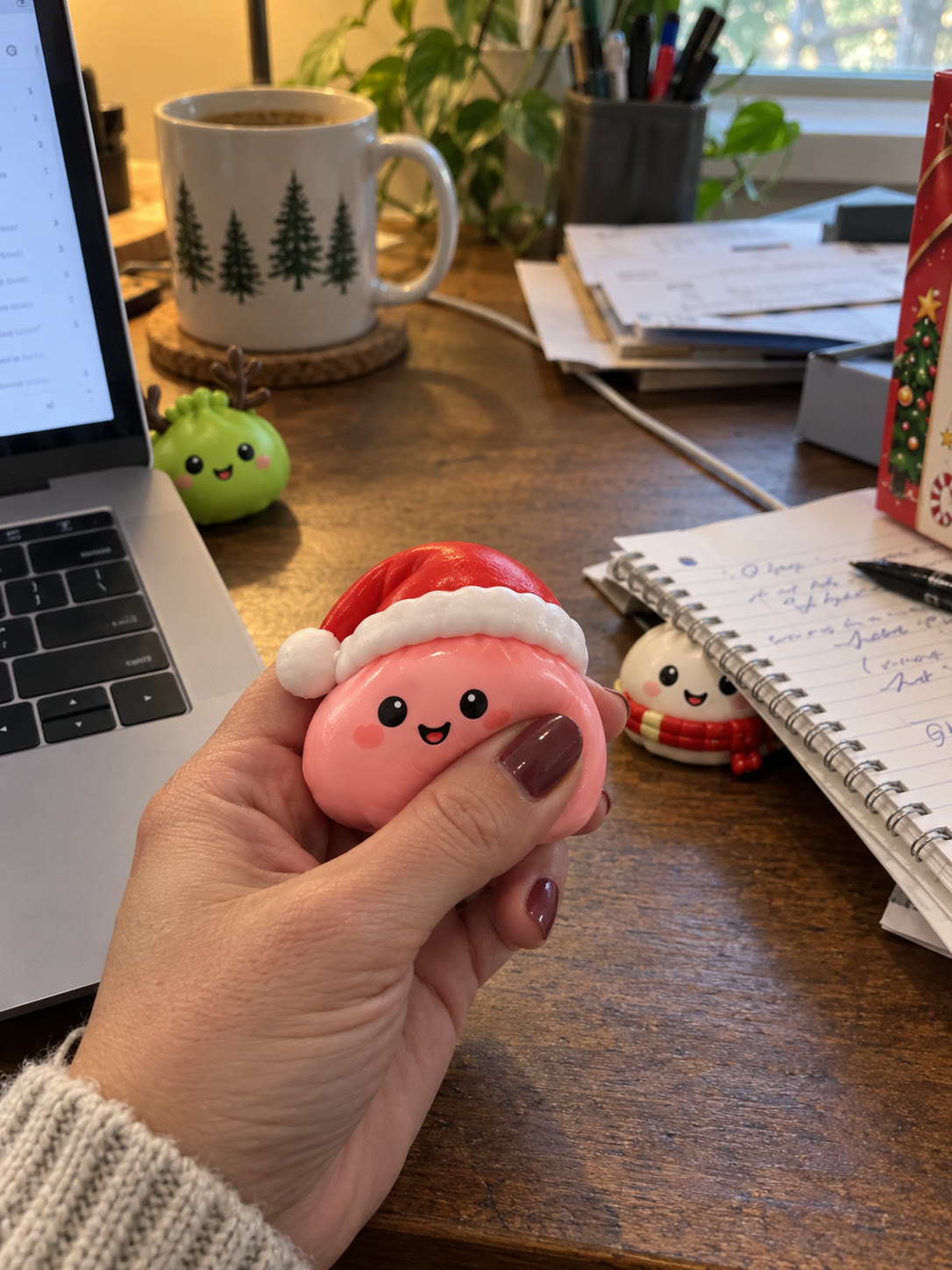 Customer squeezing a Santa-hat squishy at a lived-in home-office desk