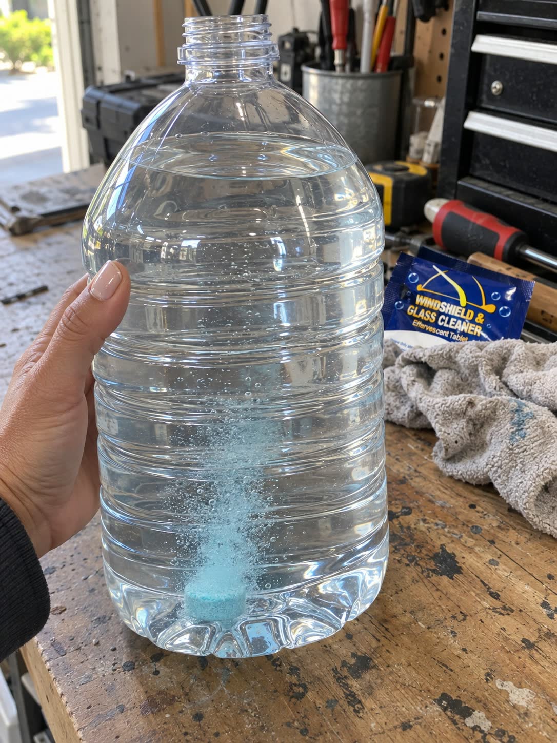 Customer watching a washer tablet dissolve in a clear bottle