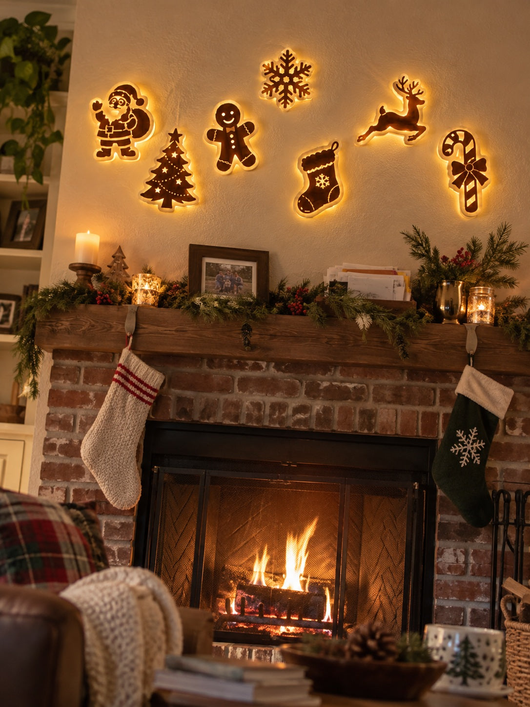 Illuminated wall decoration above a fireplace