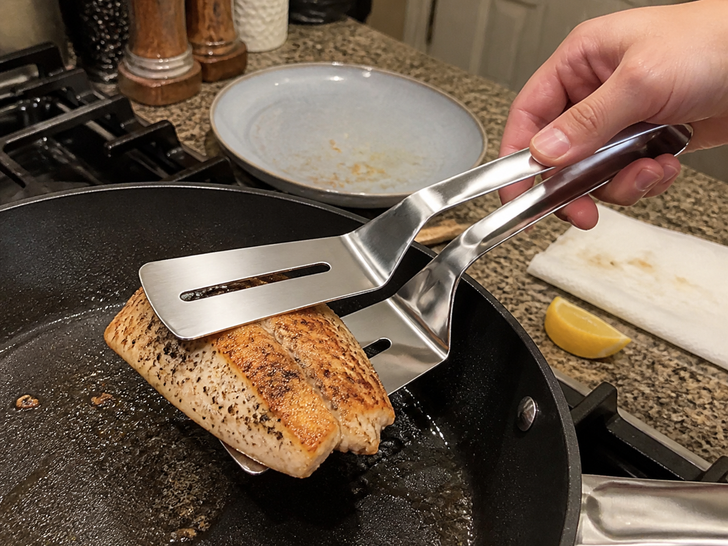Fish fillet lifted with stainless steel grill clamp spatula