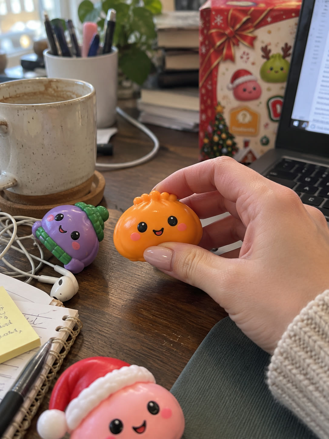 Customer holding an orange mini squishy beside a laptop and coffee mug