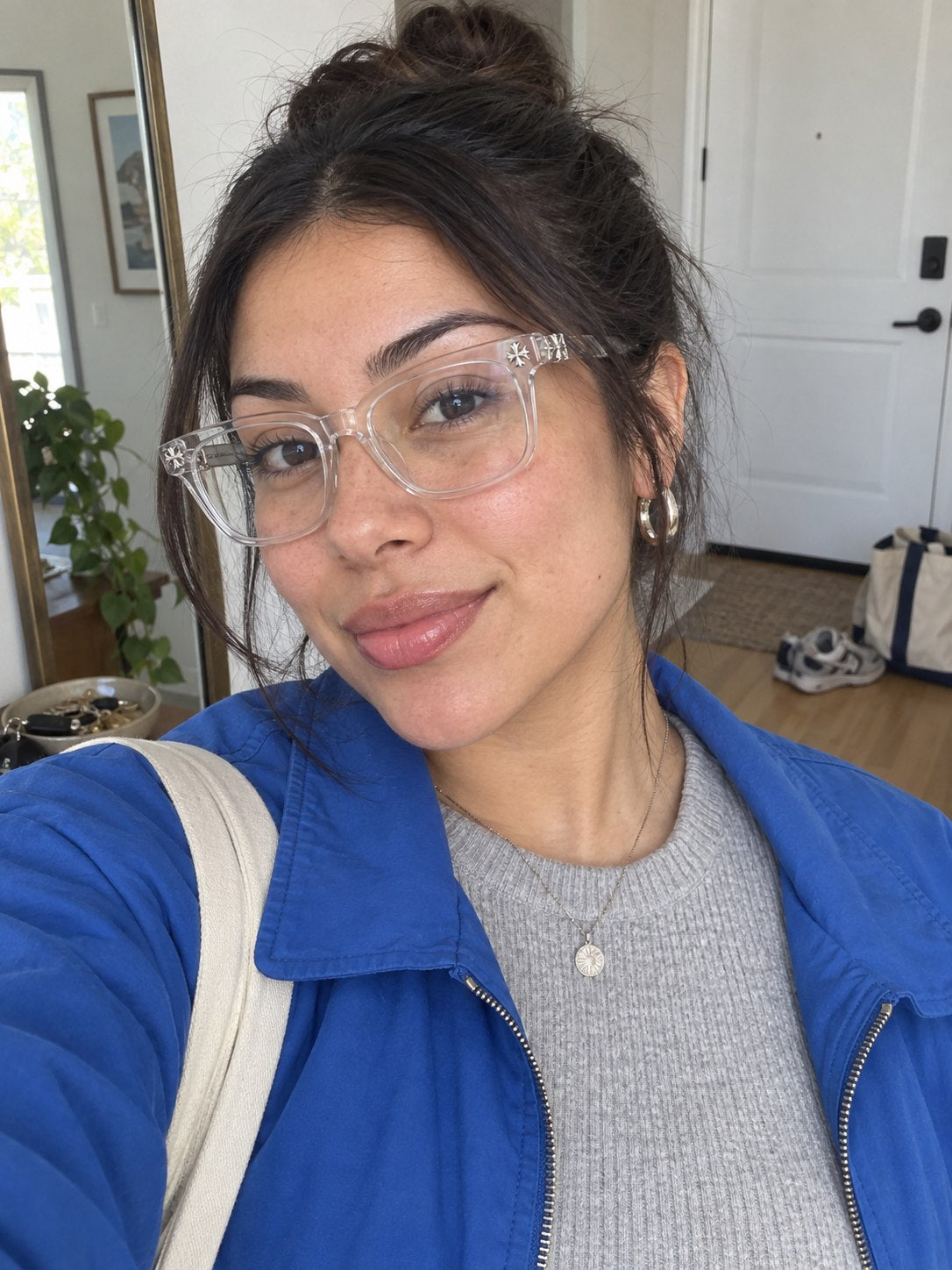 Verified customer styling the Clear and Silver-Tone Detail frame