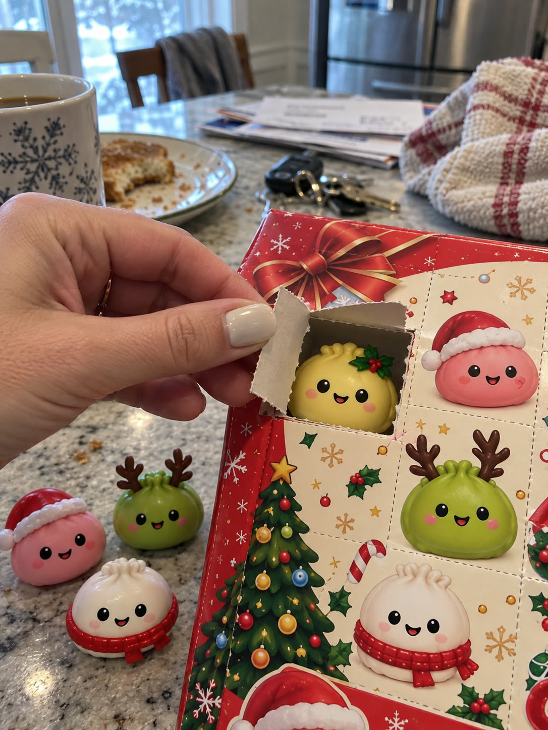 Customer opening one advent-calendar door during an ordinary morning routine