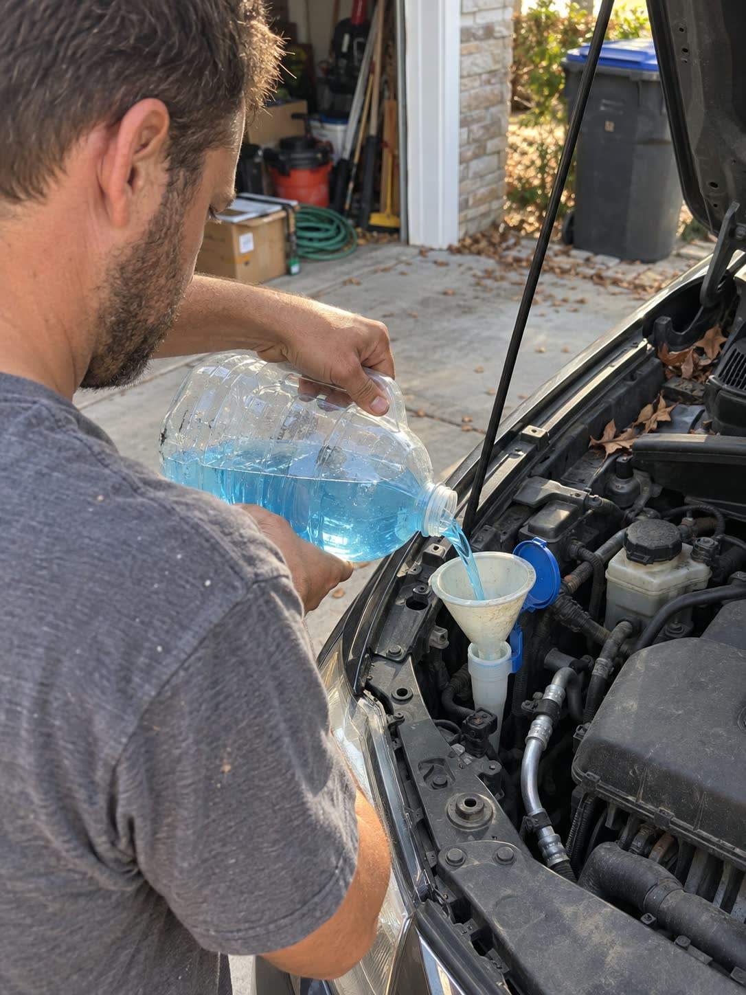Customer pouring mixed washer solution into a vehicle reservoir