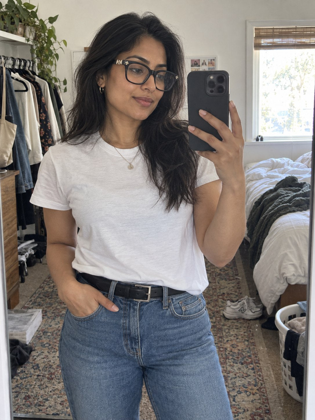 Verified customer wearing the glasses with an everyday outfit