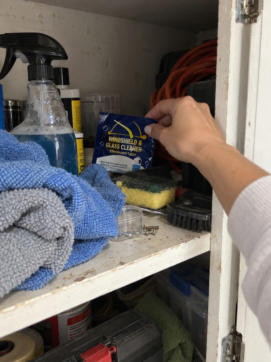 Compact washer tablet pack stored in a small cabinet