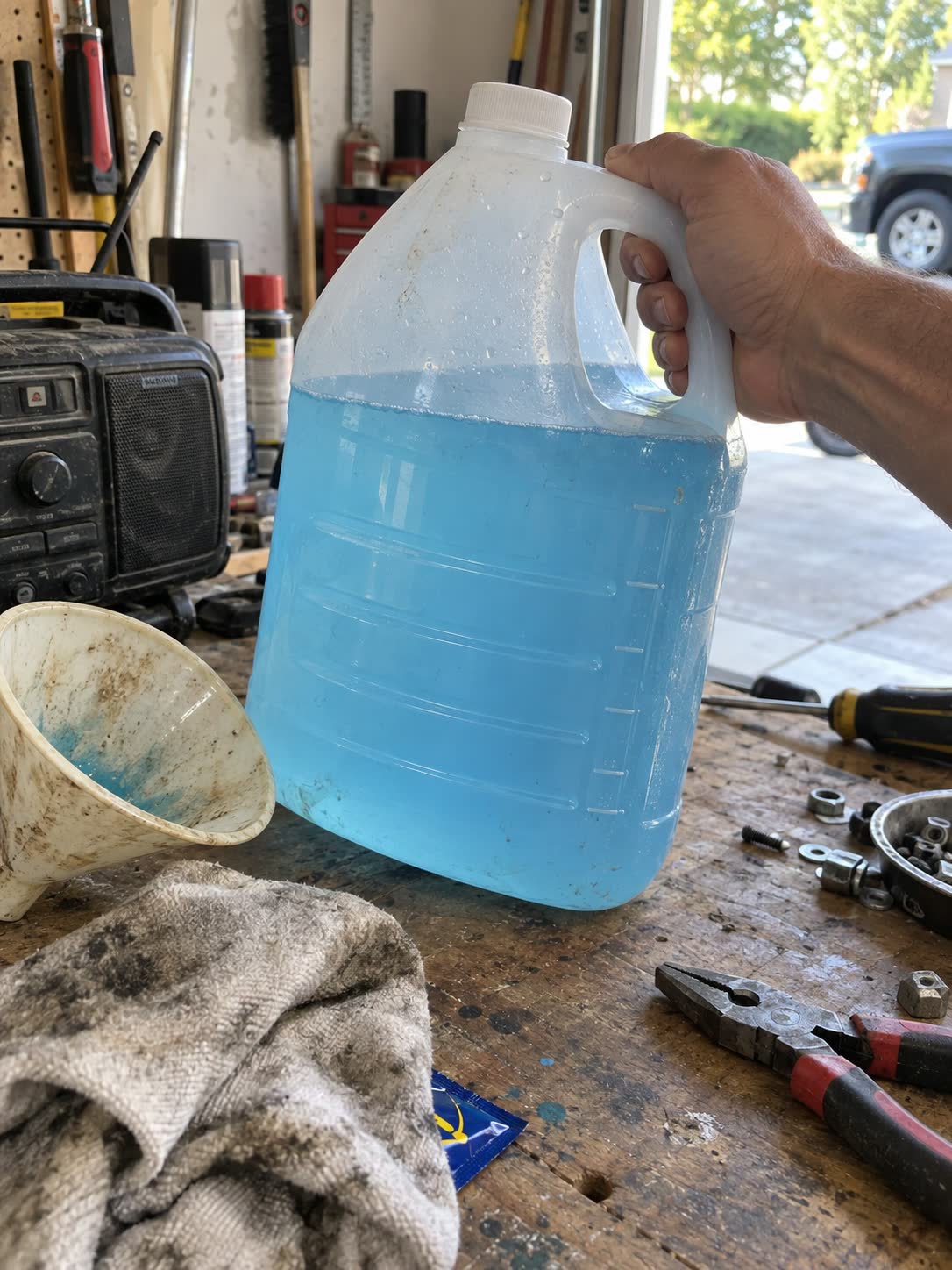 Customer holding a measured four-liter washer solution mix