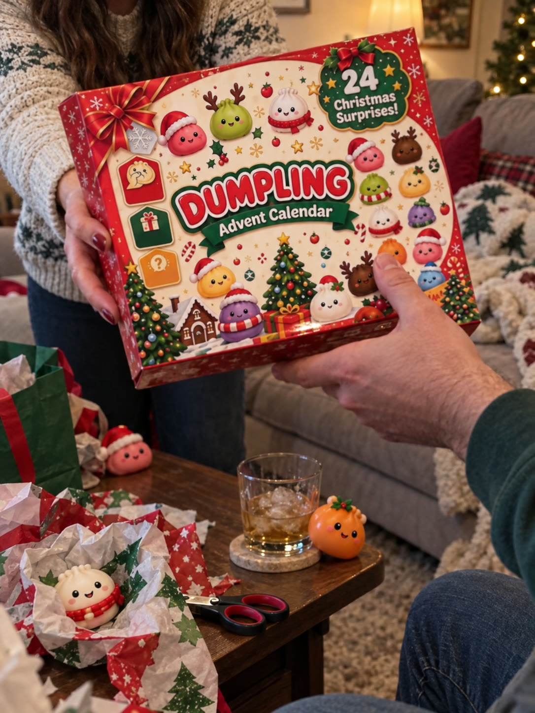 Adults exchanging the festive red advent-calendar box at Christmas