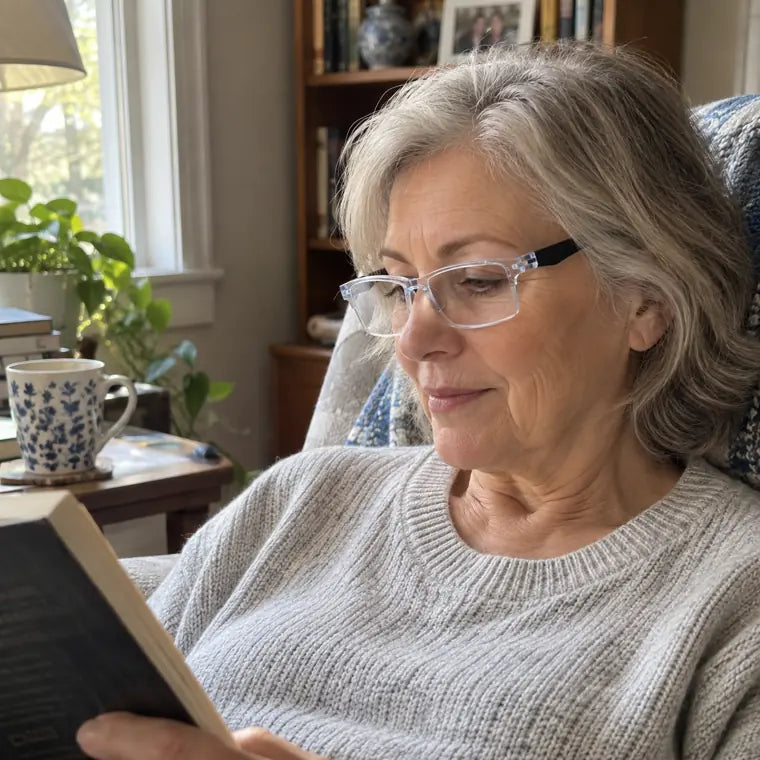 Customer wearing clear frame glasses while reading in a chair
