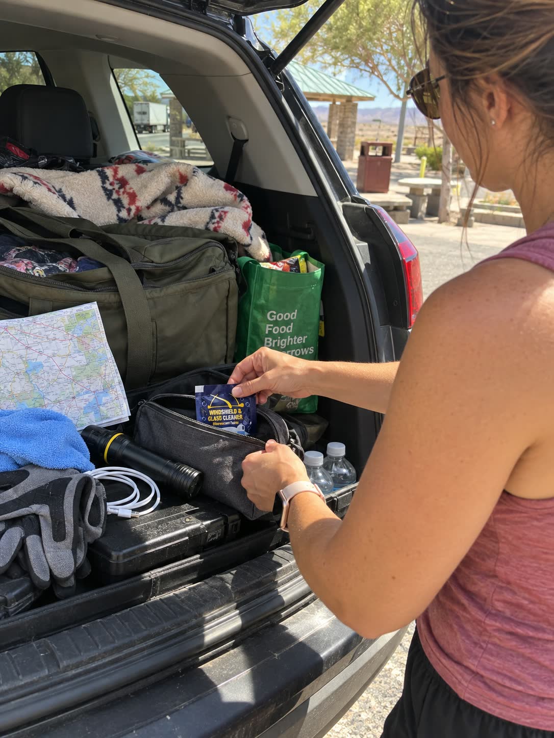 Customer storing compact washer tablets for a road trip