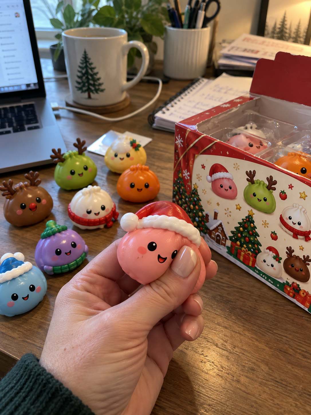Opened red Christmas box with a colorful assortment of mini squishies