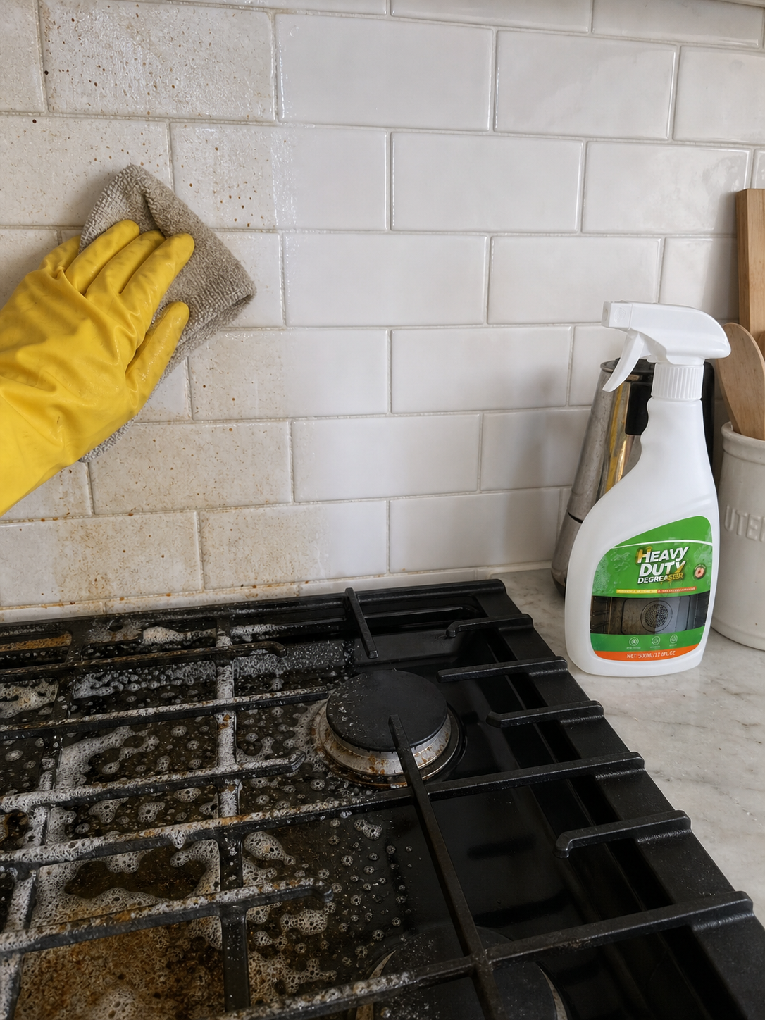 Customer photo cleaning backsplash tile and stove grates