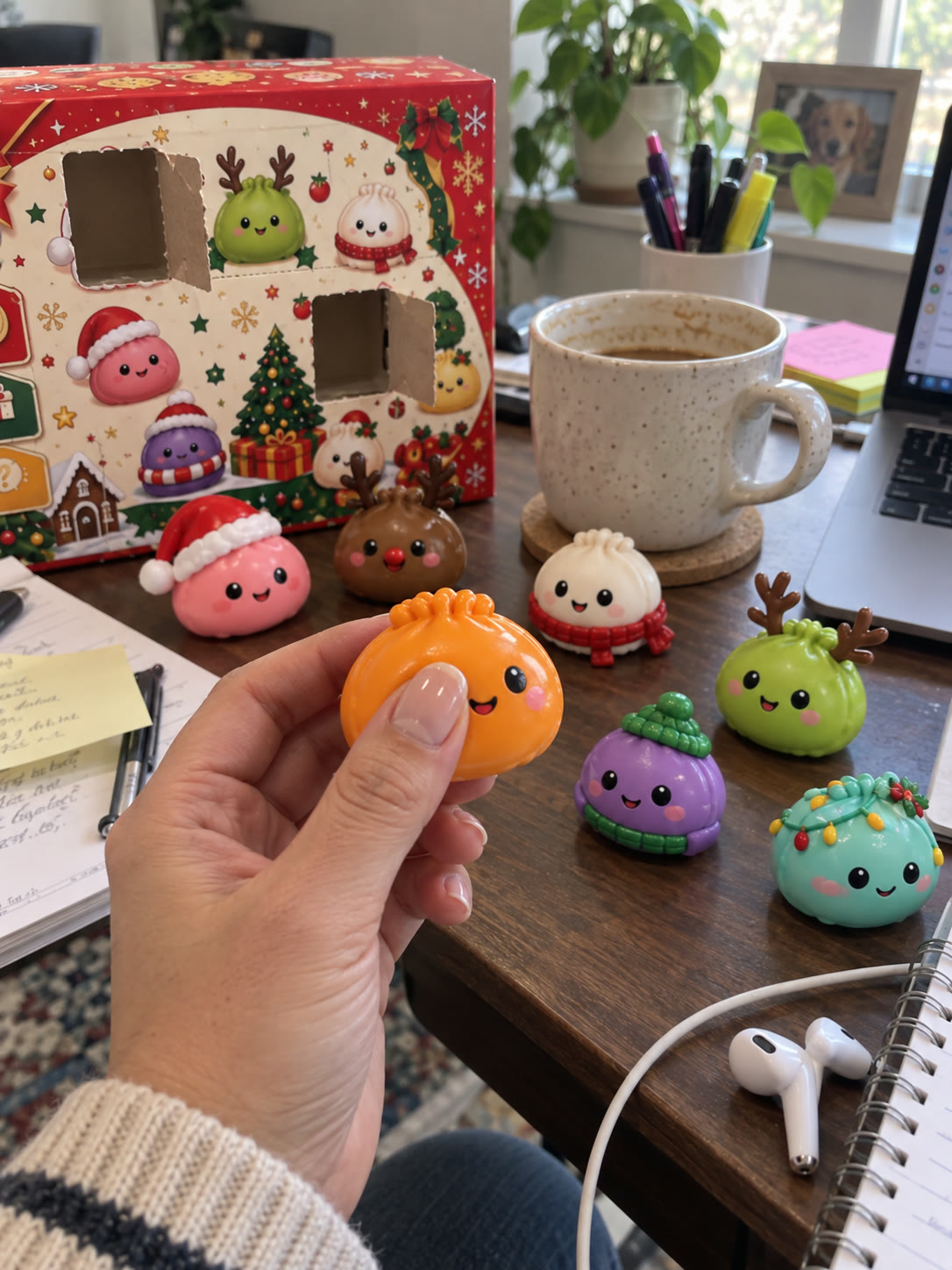 Several colorful Christmas shapes arranged on a home-office desk