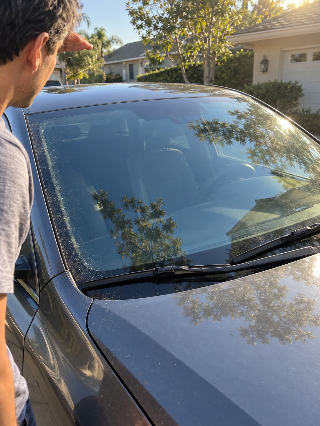 Customer checking a windshield for streaks in direct sunlight