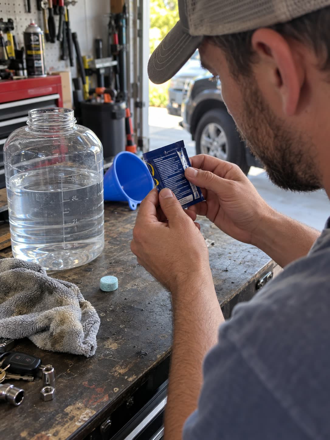 Customer reading the washer tablet directions before mixing