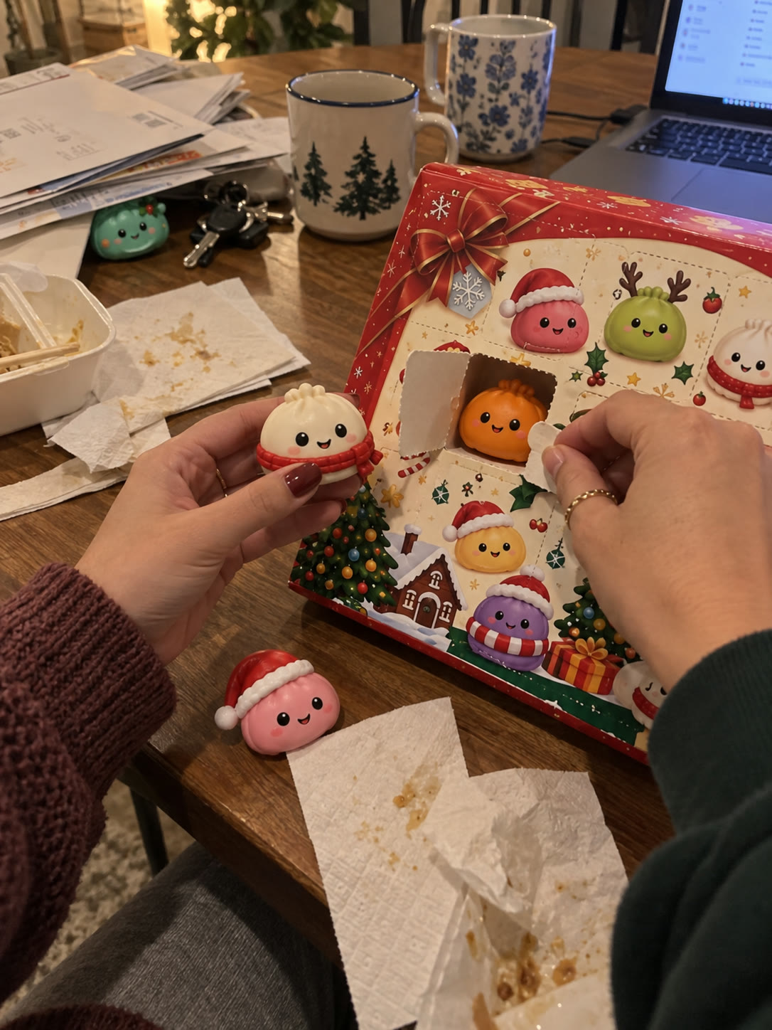 Two adults taking turns opening the festive advent calendar at home