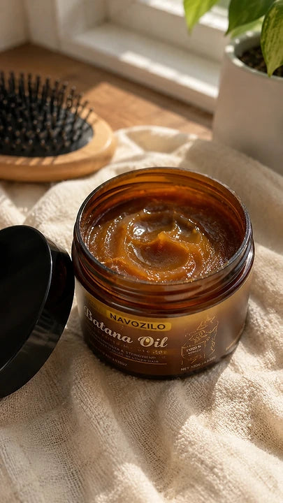 Open jar of NAVOZILO Batana Oil showing amber balm texture