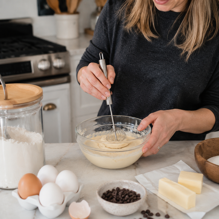 Customer review photo using the hand-push whisk for baking batter