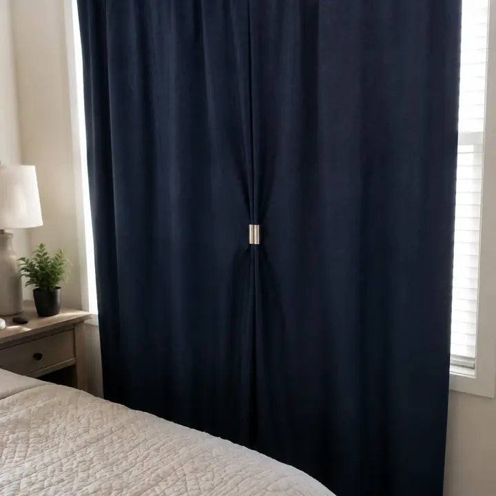 Bedroom blackout curtains closed with magnetic clip