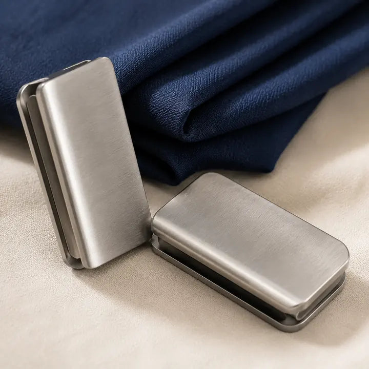 Brushed metal magnetic curtain clips with blue fabric