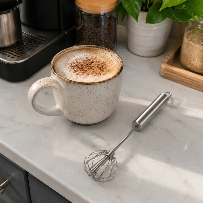 Customer review photo showing coffee foam and the stainless steel rotary whisk
