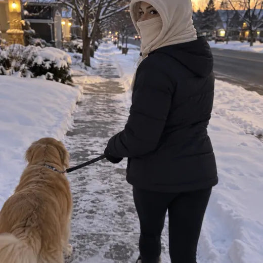 Customer walking dog in snow wearing cream fleece hood