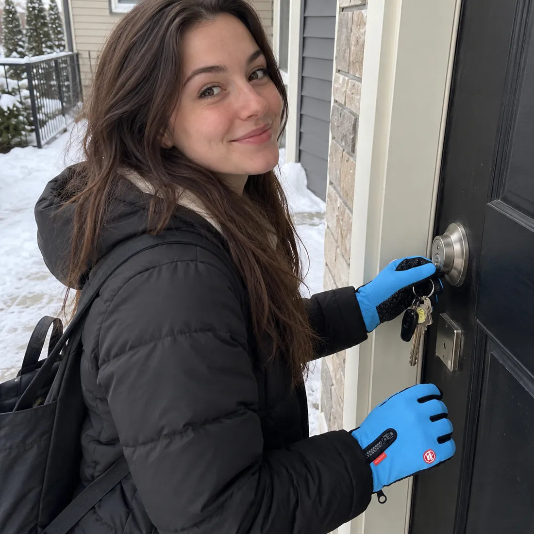 Customer unlocking a front door while wearing light blue winter gloves