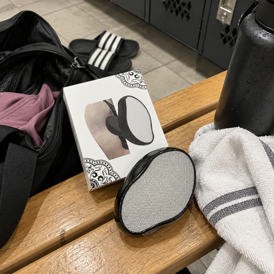 Black crystal hair eraser with box on a gym locker room bench