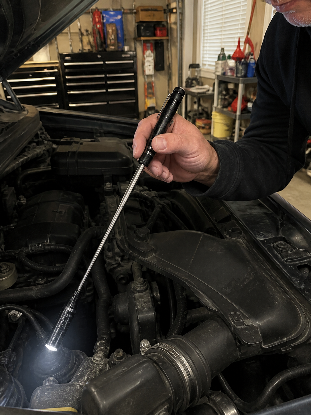 Customer review photo showing LED tool light used in a garage engine bay
