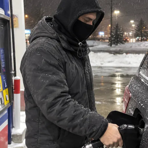 Customer pumping gas in snow wearing black fleece hood