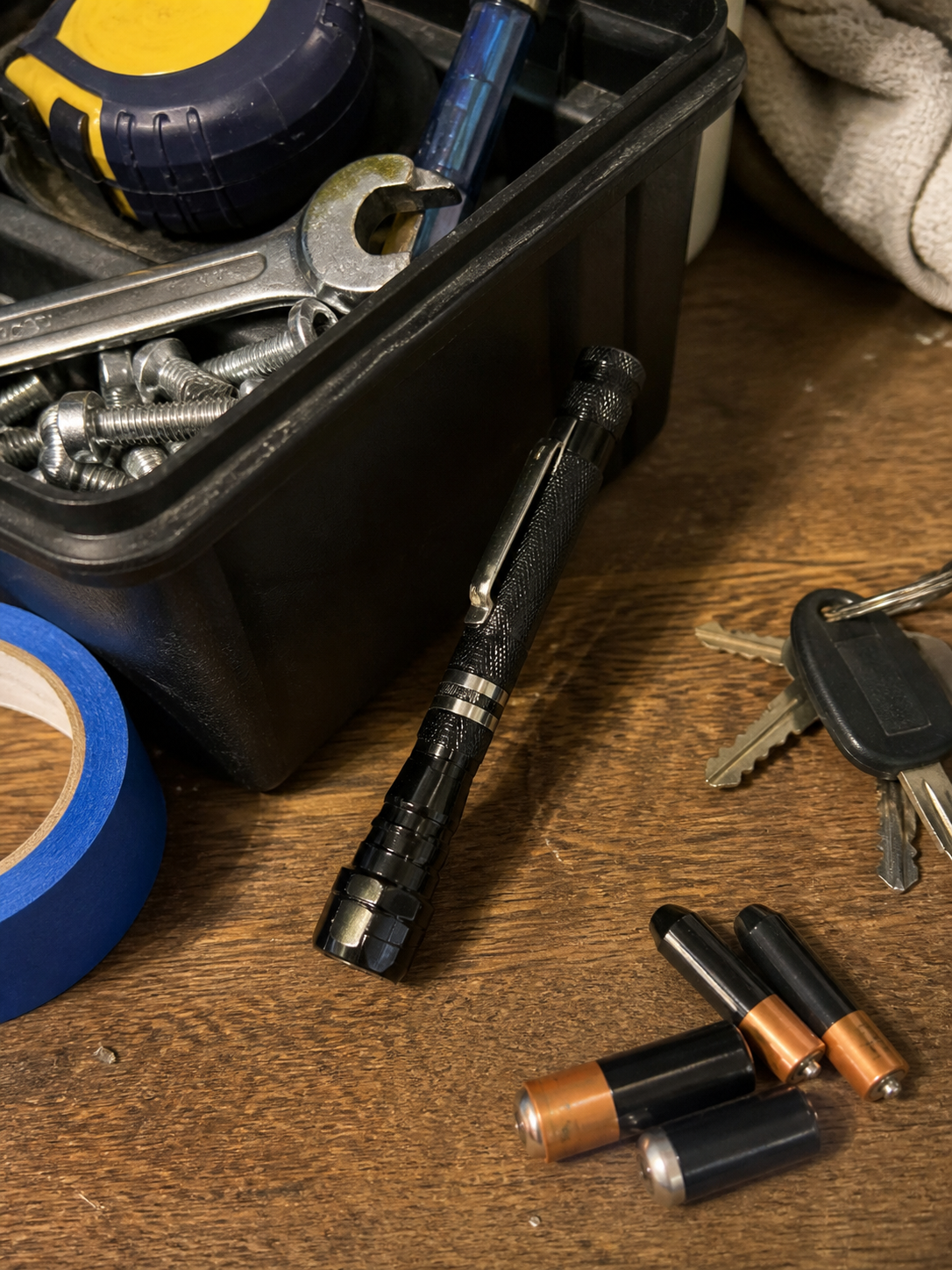 Customer review photo showing compact flashlight beside home repair tools