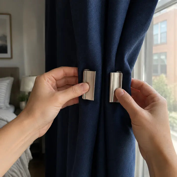 Two hands installing magnetic curtain closure clips