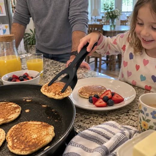 Child plating pancakes with grip and flip spatula tongs