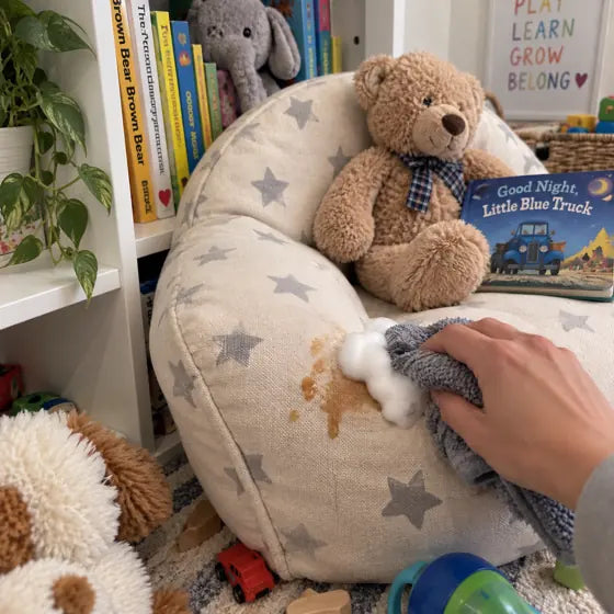 Kids reading chair stain cleaned with foam and towel