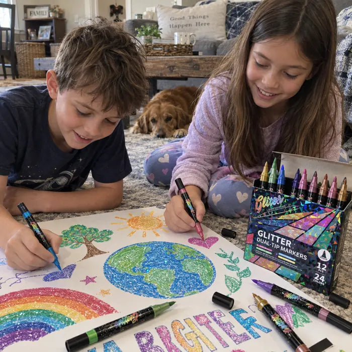 Two children making a colorful earth poster with glitter markers