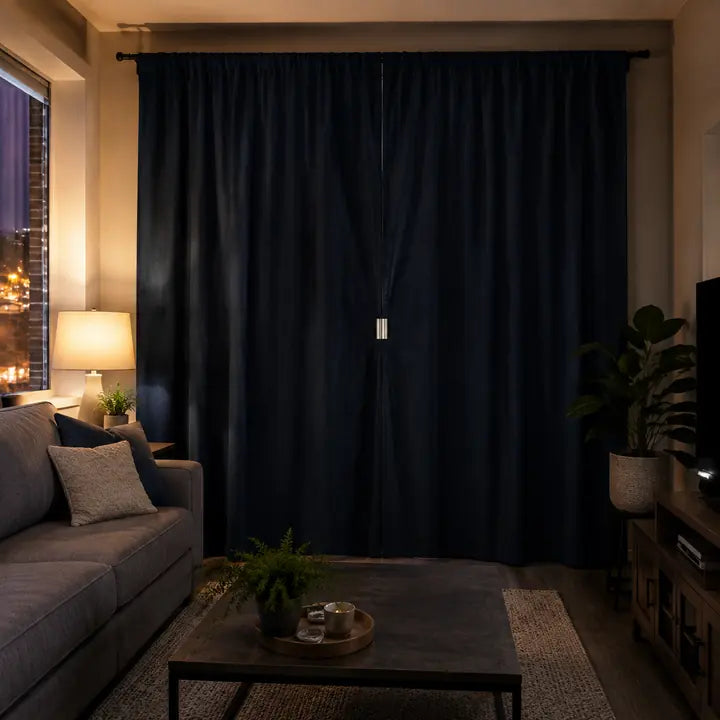 Living room curtains closed for privacy with magnetic clip