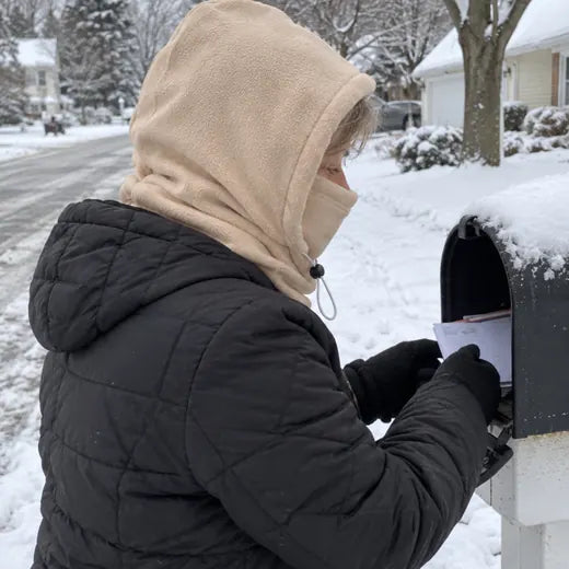 Customer checking mailbox in snow wearing cream fleece hood