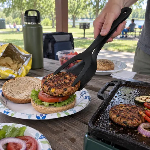 Grip and flip spatula tongs serving a burger patty outdoors