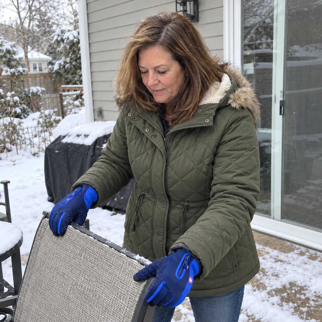 Customer moving snowy patio furniture while wearing blue winter gloves