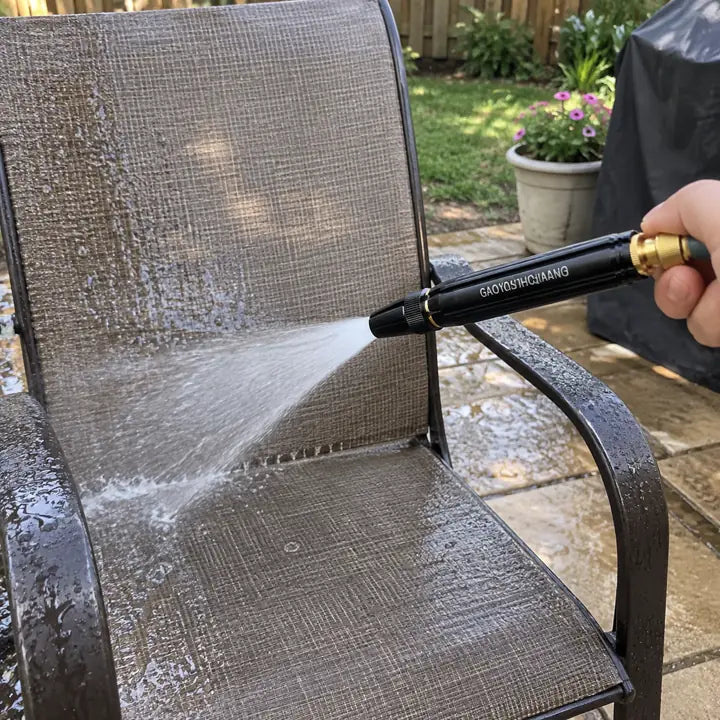 Sprayer nozzle rinsing patio chair