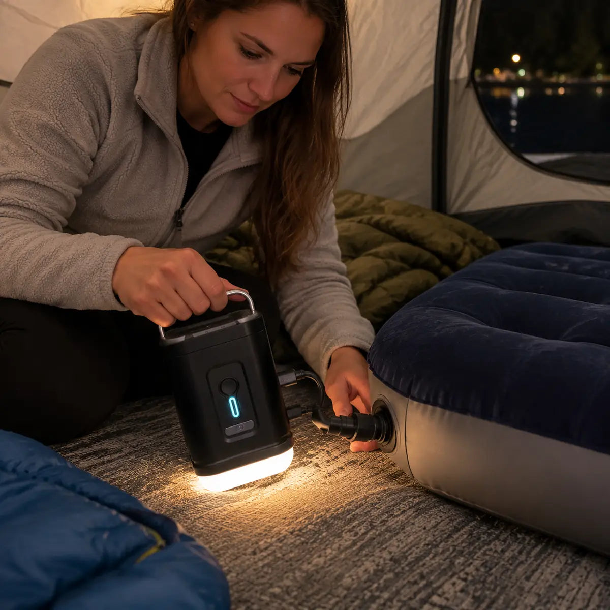 Rachel D. customer photo: LED light helping connect the pump inside a tent at night