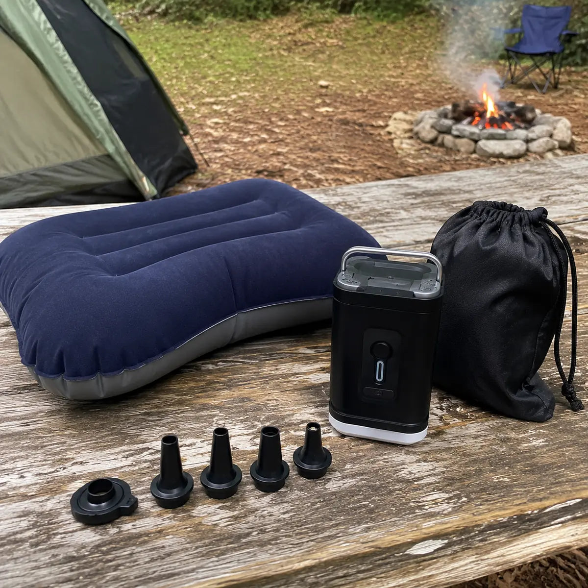Robert H. customer photo: air pump kit with pillow, nozzles, pouch, and campsite gear