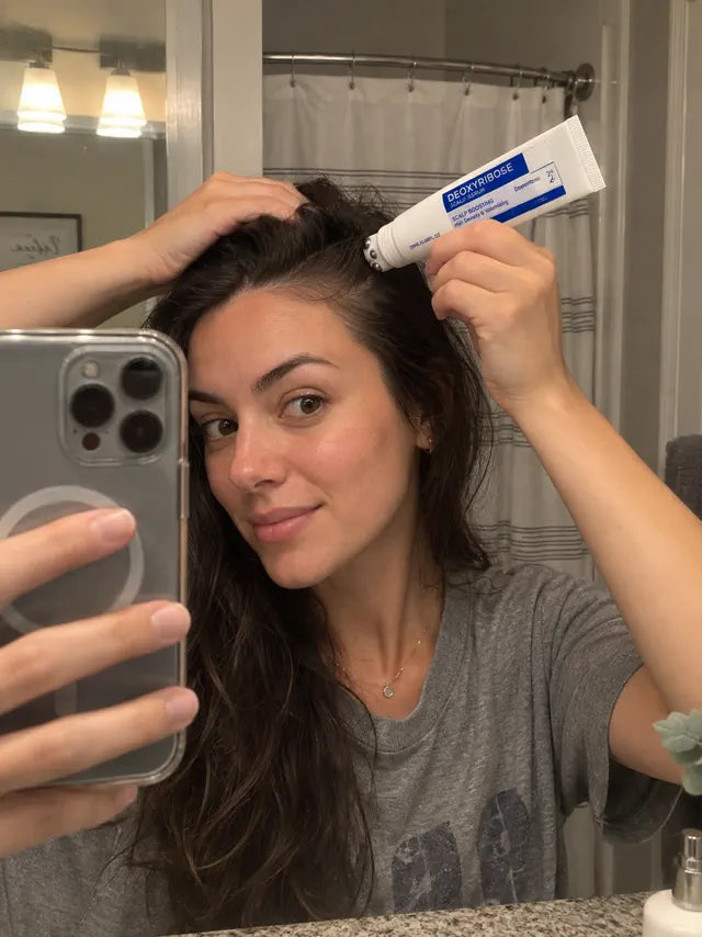 Woman applying scalp serum near her temple in a bathroom mirror