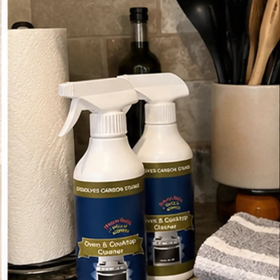 Customer photo of clean glass cooktop with towel and cleaner bottle